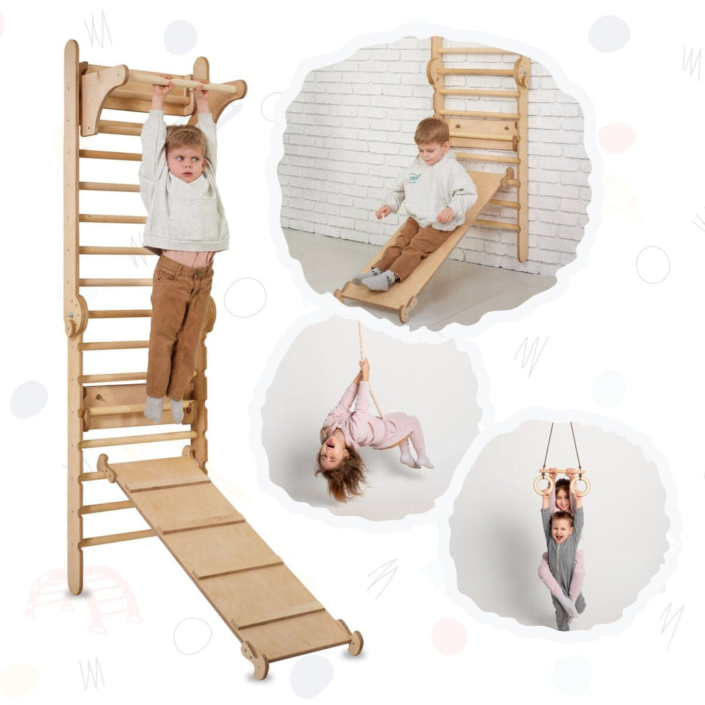 3in1 Wooden Swedish Wall / Climbing ladder for Children + Swing Set + Slide Board Swedish wall Goodevas 