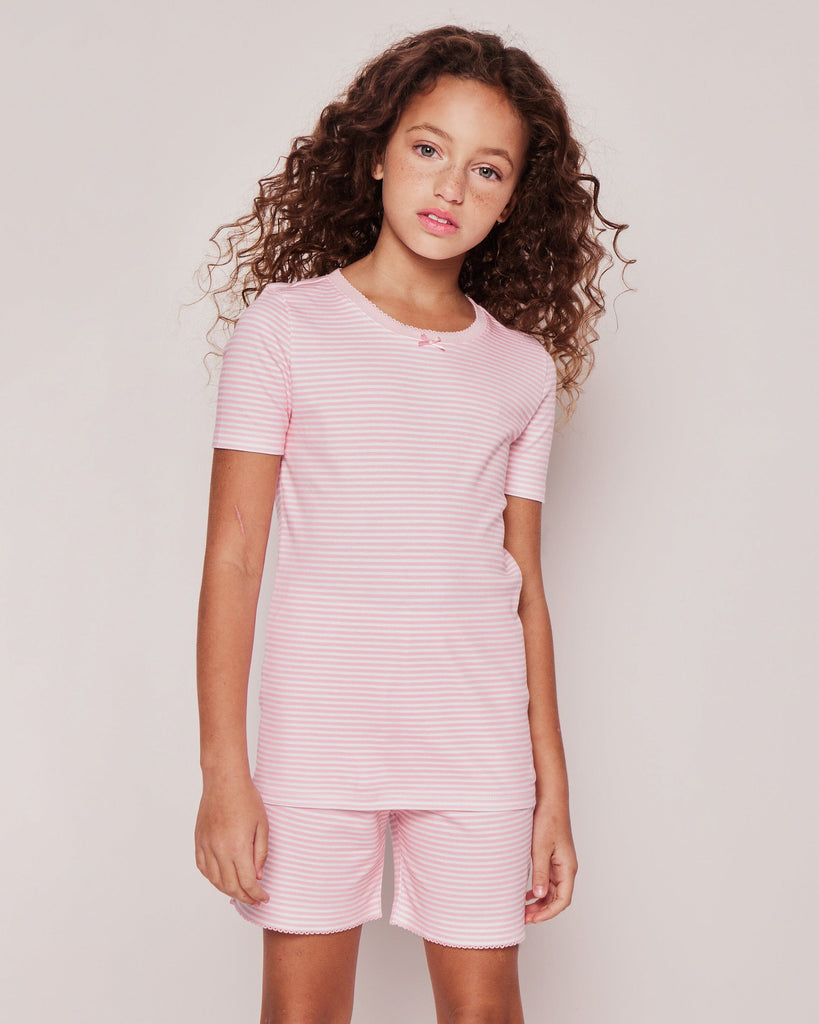 Kid's Pima Snug Fit Pajama Short Set in Pink Stripes Children's Short Set - TF Petite Plume 