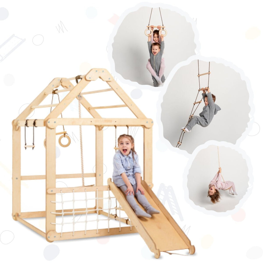 Indoor Wooden Playhouse with Swings and Slide Board Playhouses Goodevas 