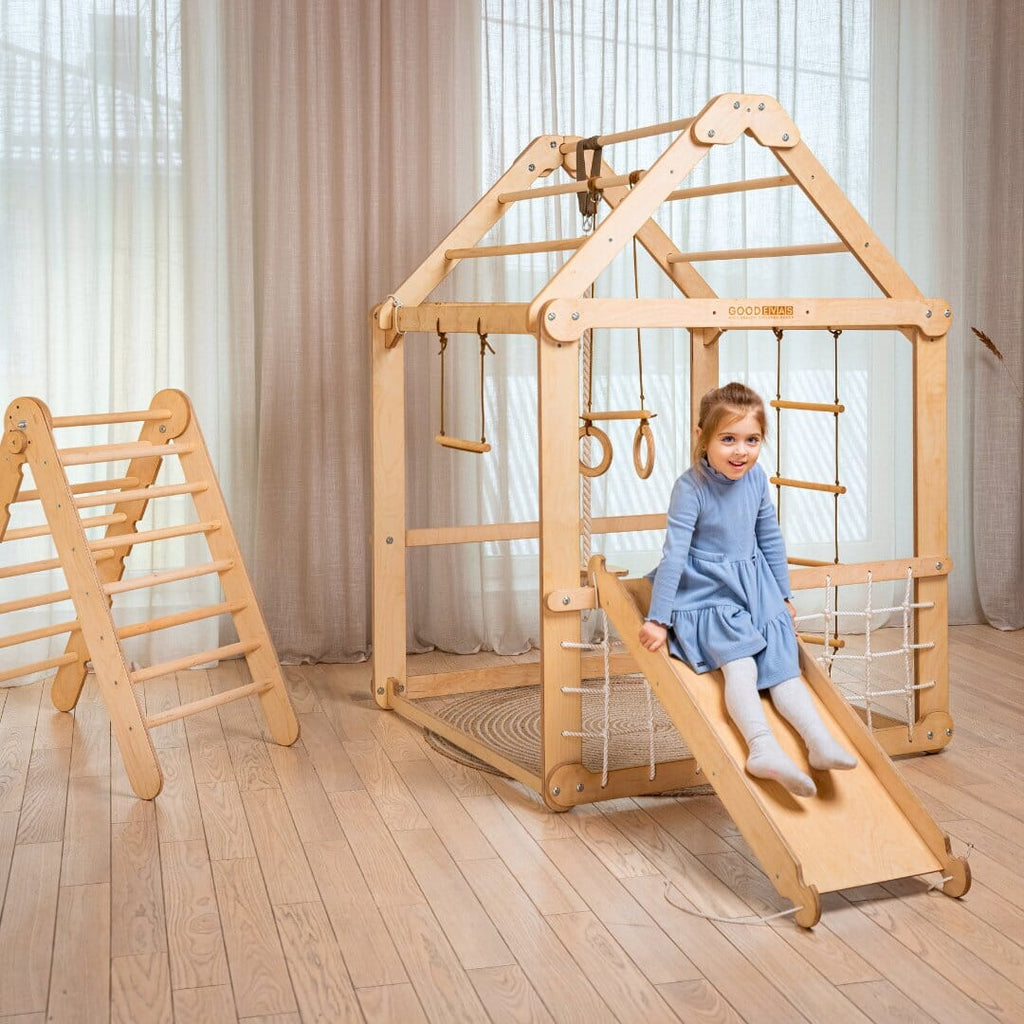 Indoor Wooden Playhouse with Triangle ladder, Slide Board and Swings Playhouses Goodevas 