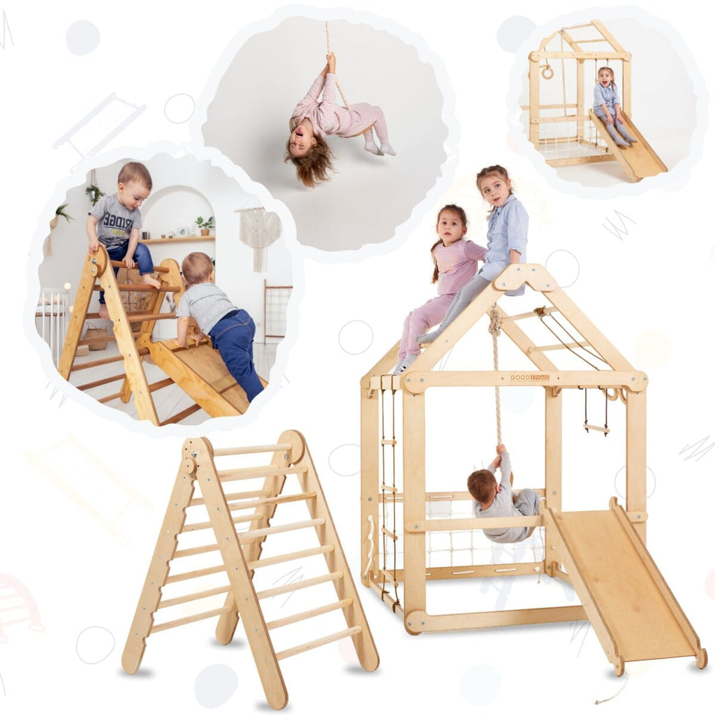 Indoor Wooden Playhouse with Triangle ladder, Slide Board and Swings Playhouses Goodevas 