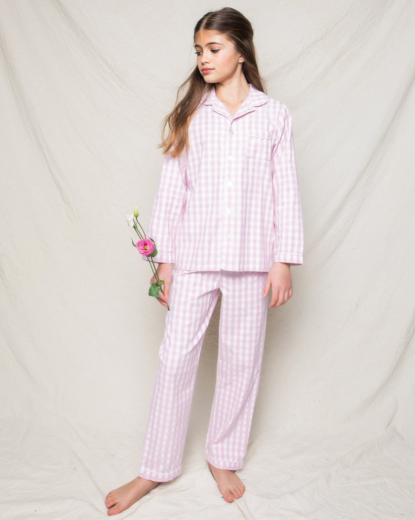Kid's Twill Pajama Set in Pink Gingham Children's Pajamas Petite Plume 