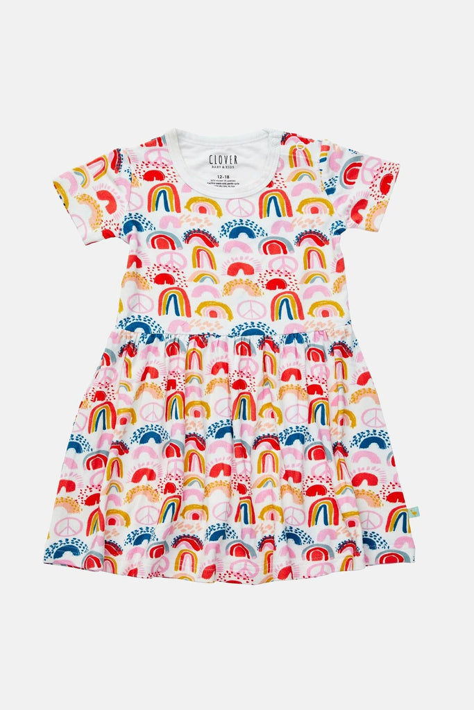 Stretchy Short Sleeve Twirl Dress - Rainbows Pink by Clover Baby & Kids Clover Baby & Kids 