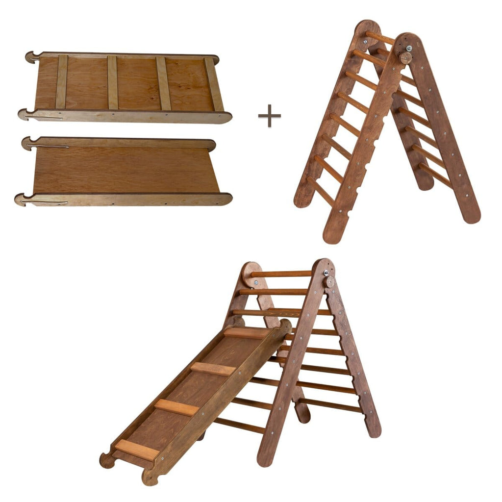 2in1 Montessori Climbing Frame Set: Triangle Ladder + Slide Board/Ramp – Chocolate 2in1 Playsets Goodevas 