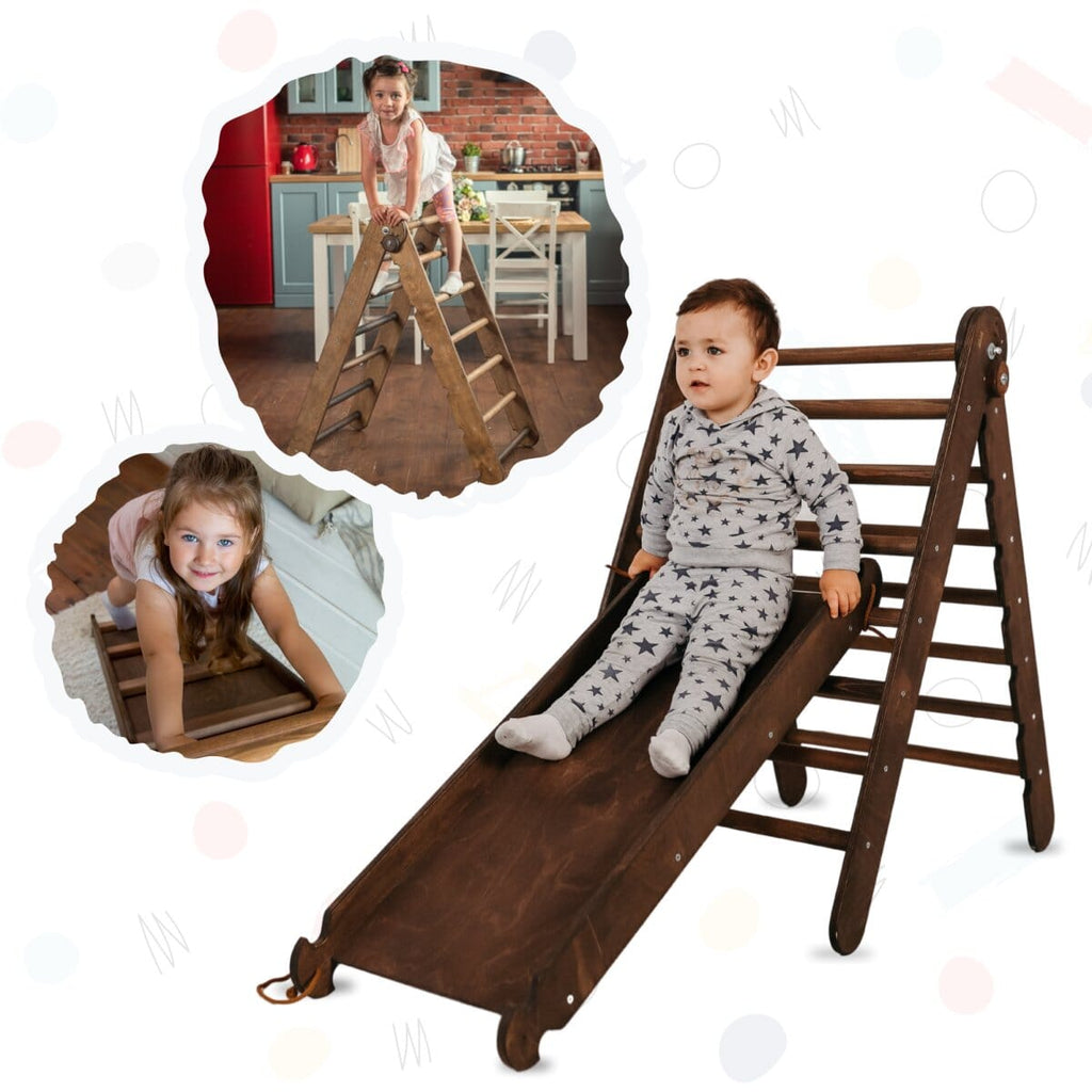 2in1 Montessori Climbing Frame Set: Triangle Ladder + Slide Board/Ramp – Chocolate 2in1 Playsets Goodevas Chocolate 