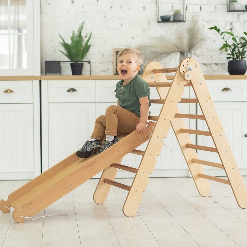 2in1 Montessori Climbing Set: Triangle Ladder + Slide Board/Ramp – Beige 2in1 Playsets Goodevas 