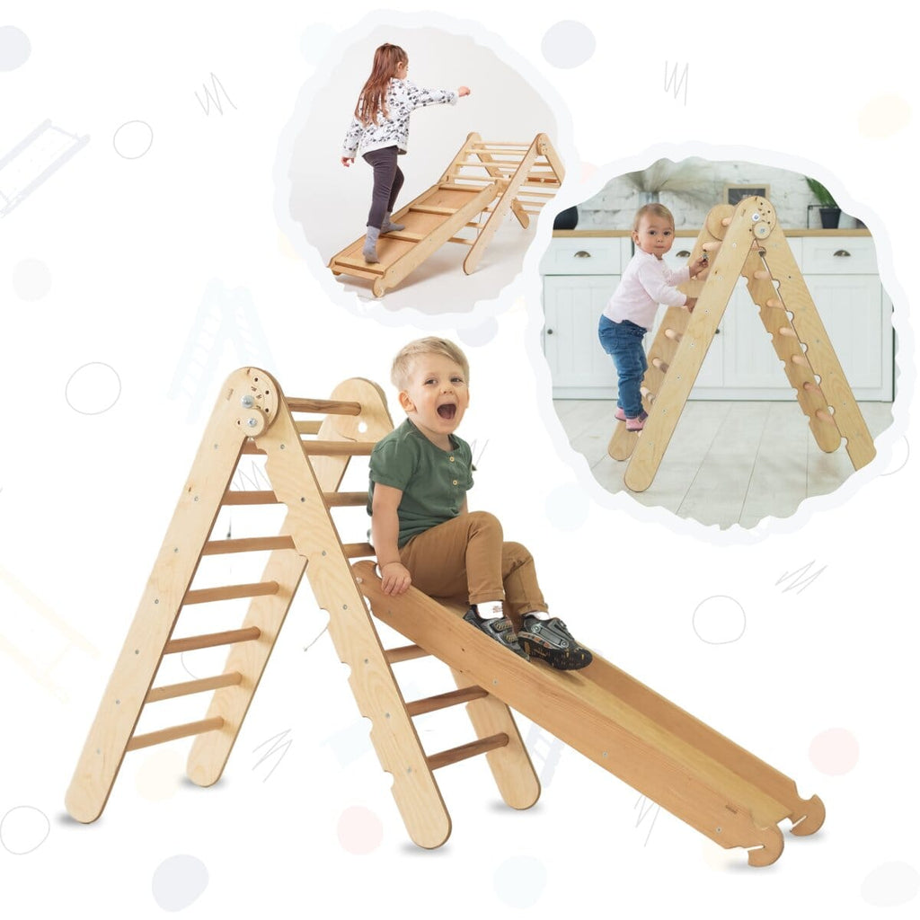 2in1 Montessori Climbing Set: Triangle Ladder + Slide Board/Ramp – Beige 2in1 Playsets Goodevas Beige 