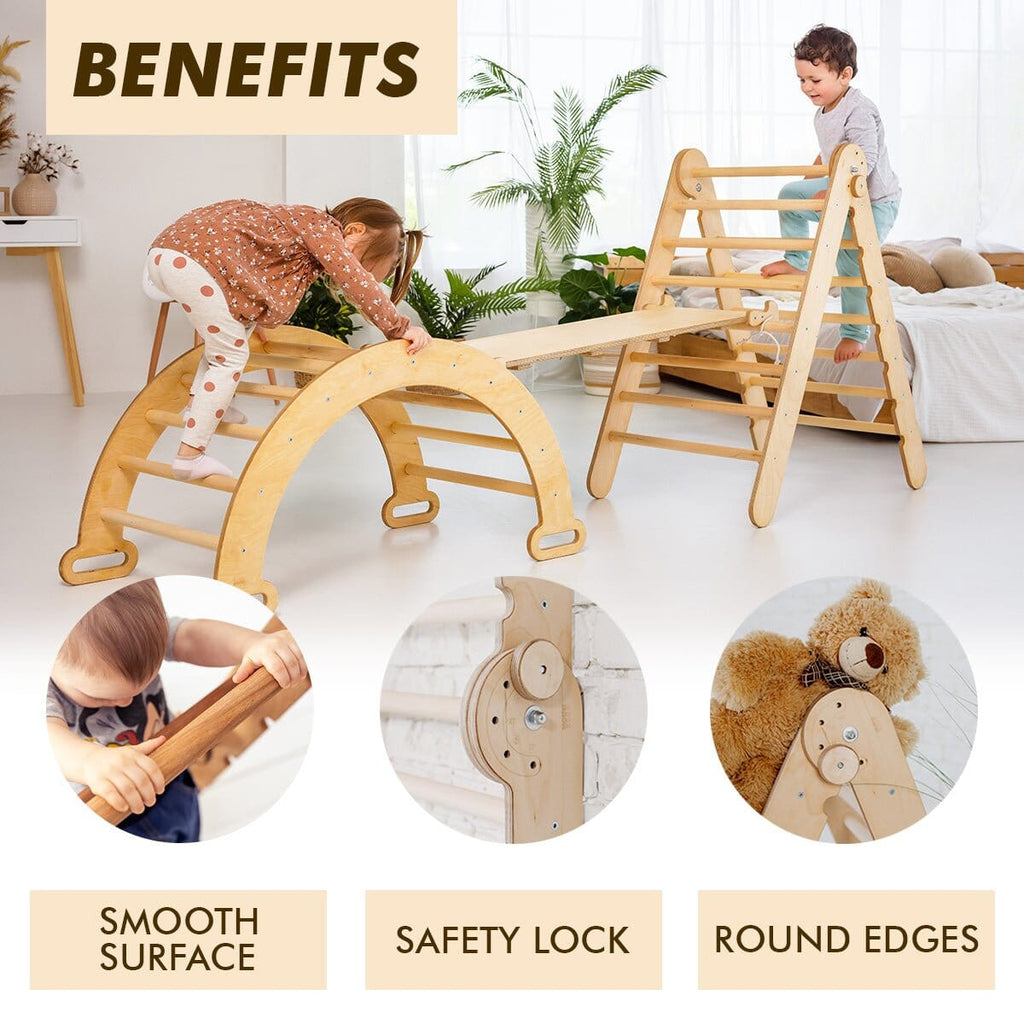 3in1 Montessori Climbing Set: Triangle Ladder + Wooden Arch + Slide Board – Beige NEW 3in1 Playsets Goodevas 
