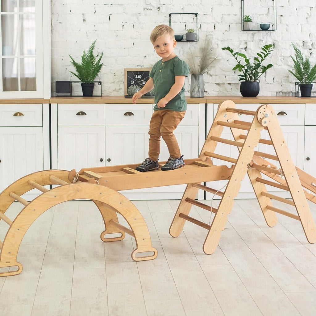 4in1 Montessori Climbing Frame Set: Triangle Ladder + Arch/Rocker + Slide Board/Ramp + Netting rope 4in1 Playsets Goodevas Beige 