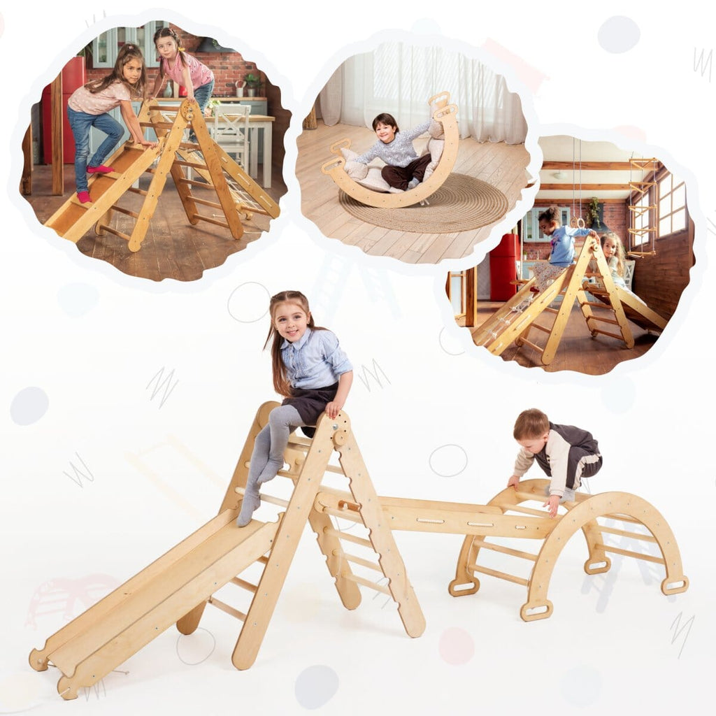 4in1 Montessori Climbing Frame Set: Triangle Ladder + Arch/Rocker + Slide Board/Ramp + Netting rope 4in1 Playsets Goodevas 