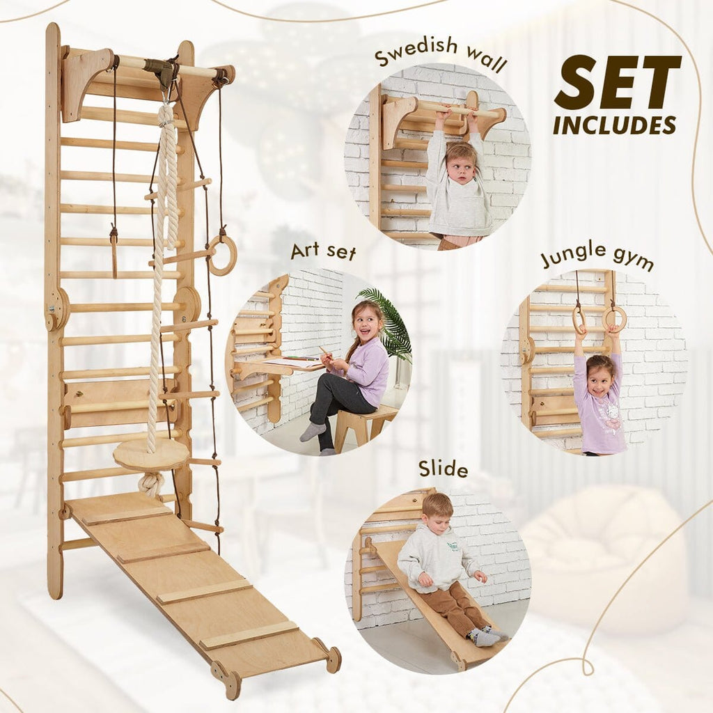 4in1 Wooden Swedish Wall / Climbing ladder for Children + Swing Set + Slide Board + Art Add-on Swedish wall Goodevas 
