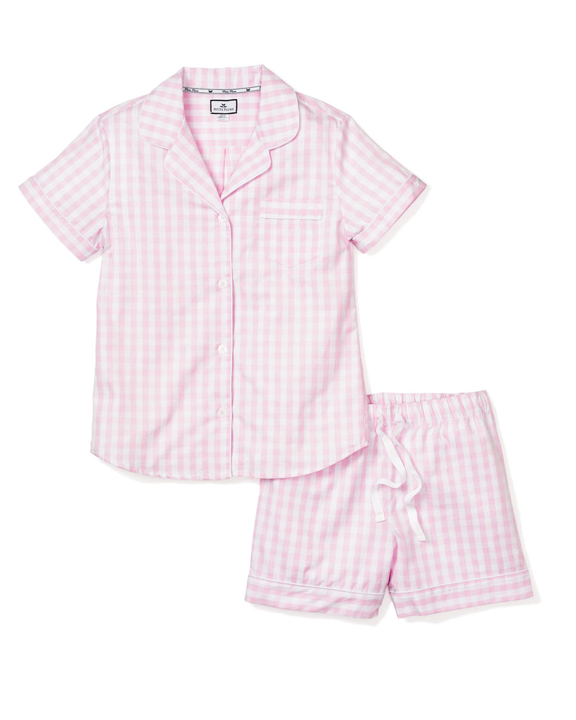 Women's Twill Pajama Short Set in Pink Gingham Women's Short Sleeve Short Set Petite Plume 