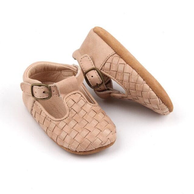 Leather Woven T-Bar | Color 'Stone' | Soft Sole Mitts & Booties Consciously Baby 2 (3 - 6 months) 