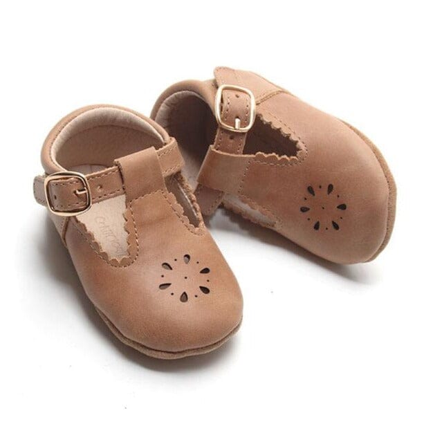 Leather Petal T-Bar | Color 'Aged Camel' | Soft Sole Mitts & Booties Consciously Baby 2 (3 - 6 months) 
