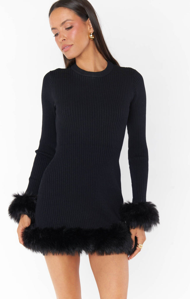 Fran Mini Dress | Black Knit w/Faux Fur Dresses Show Me Your Mumu Black Knit w/Faux Fur XS 