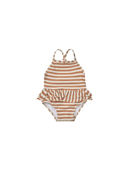 Ruffled One-One Piece Swimsuit | Clay Stripe Swimwear Quincy Mae 0-3M Clay-Stripe 