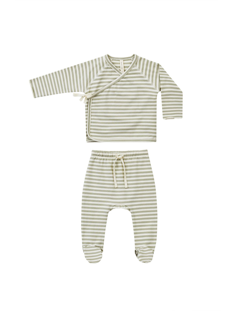 Wrap Top + Footed Pant Set | Sage Stripe Sets Quincy Mae NB Sage Stripe 