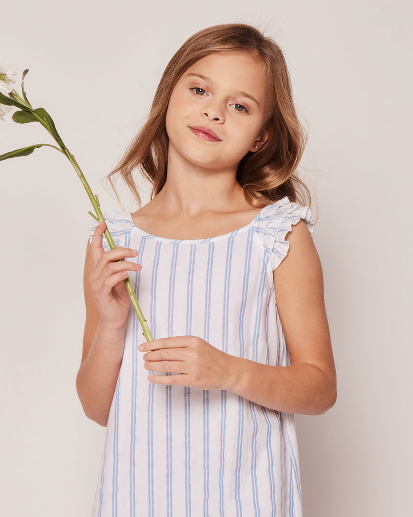Girl's Twill Amelie Nightgown in Periwinkle Stripe Children's Nightgown Petite Plume 