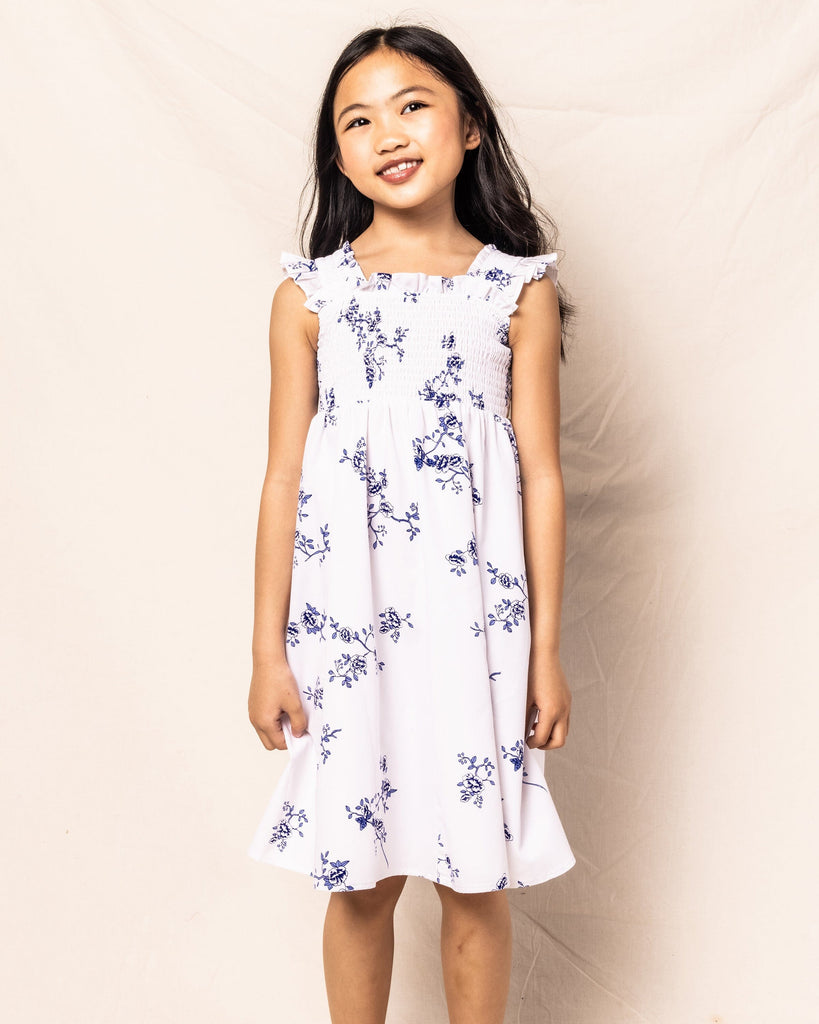 Girl's Twill Margaux Dress in Indigo Floral Children's Loungewear Petite Plume 