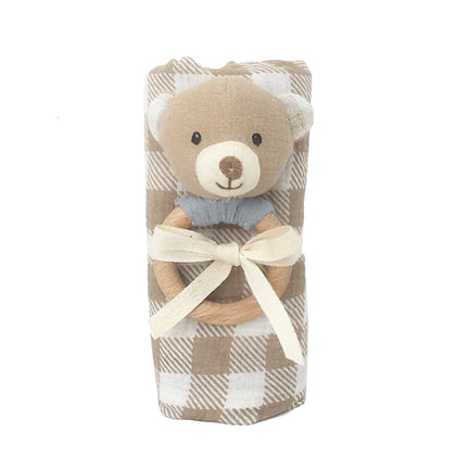 Gingham Muslin and Bear Wood Rattle Gift Set Blanket MON AMI 