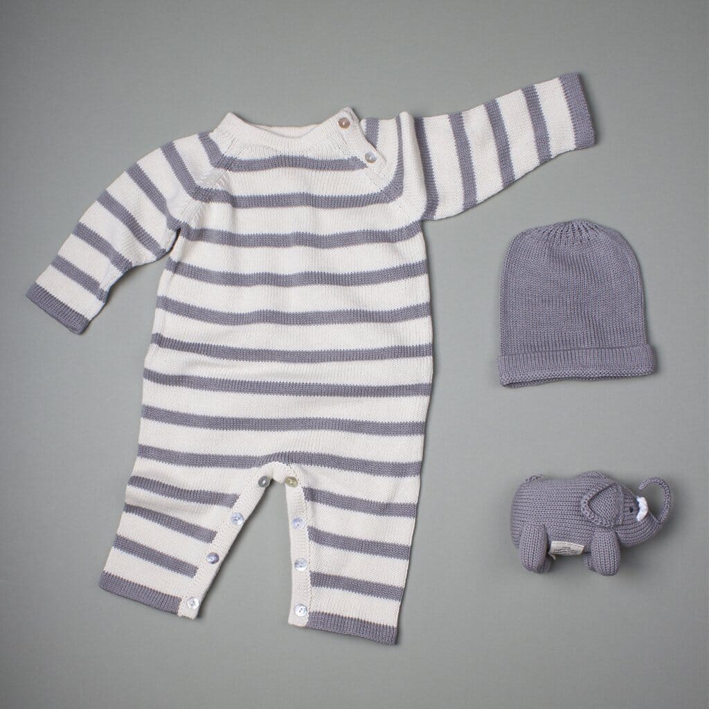 Organic Baby Gift Set | Handmade Newborn Long Romper, Hat & Rattle Toy | Elephant Baby Gift Sets Estella 