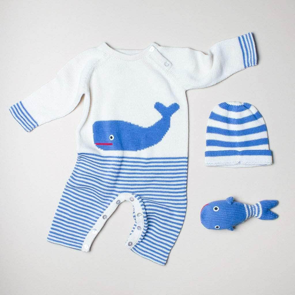 Organic Baby Gift Set | Handmade Newborn Long Romper, Hat & Rattle Toy | Whale Baby Gift Sets Estella 