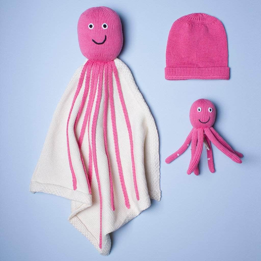Organic Baby Gift Sets | Newborn Lovey Blanket, Rattle Toy & Hat | Octopus Baby Gift Sets Estella Pink 
