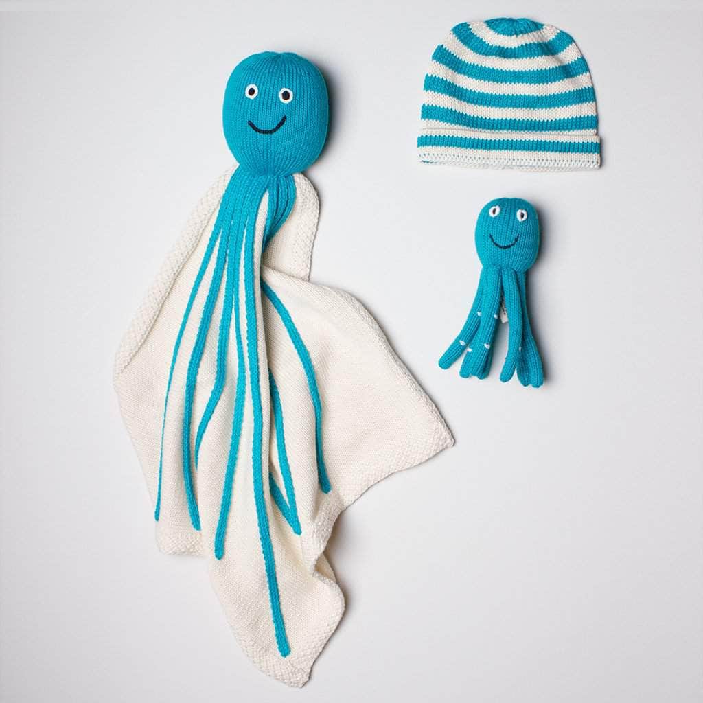 Organic Baby Gift Sets | Newborn Lovey Blanket, Rattle Toy & Hat | Octopus Baby Gift Sets Estella Turquoise 