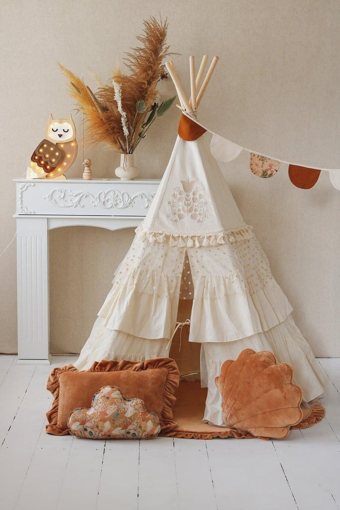 “Boho” Teepee Tent with Frills and "Caramel" Mat with Frill Set Set teepee with mat moimili.us 