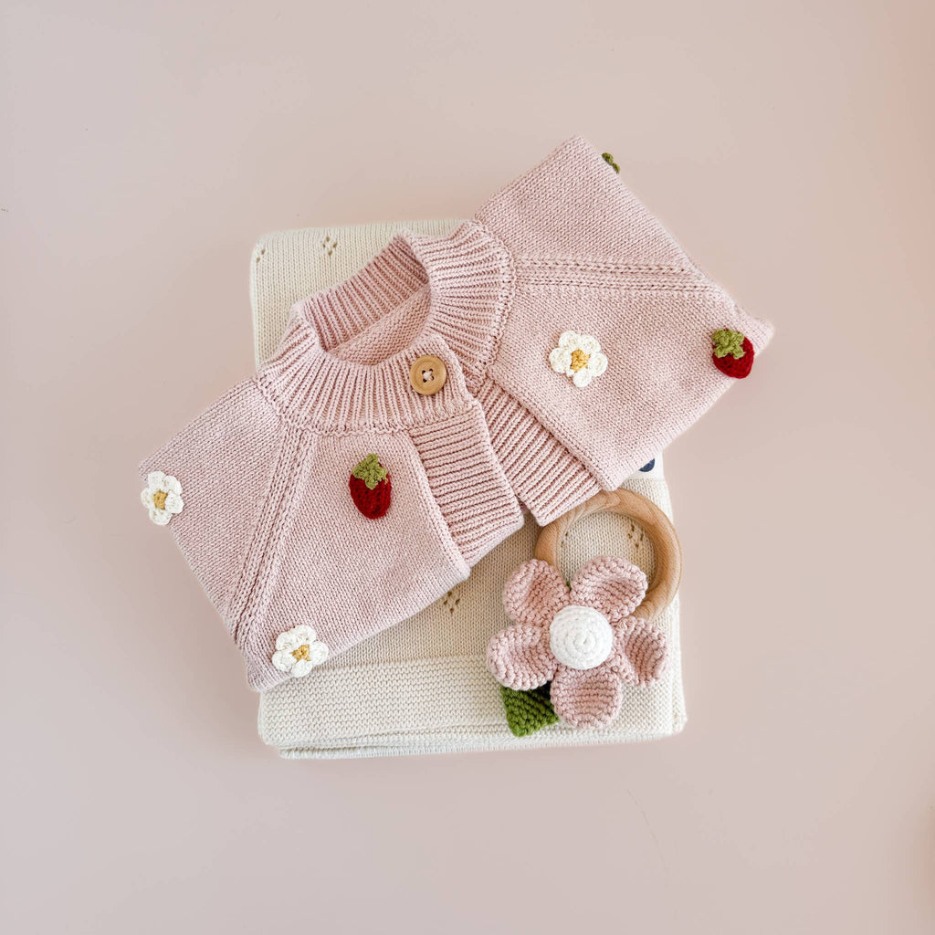 Cotton Strawberry Flower Cardigan Baby Sweater Spring Summer: 12-24m The Blueberry Hill 