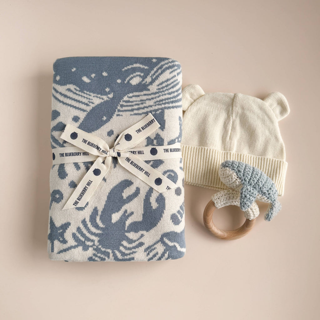 Nautical Baby Gift Set Whale Cotton Blanket Teether Summer The Blueberry Hill 