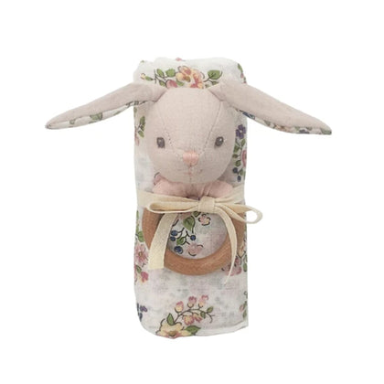 Floral Muslin and Bunny Wood Rattle Gift Set Blanket MON AMI 