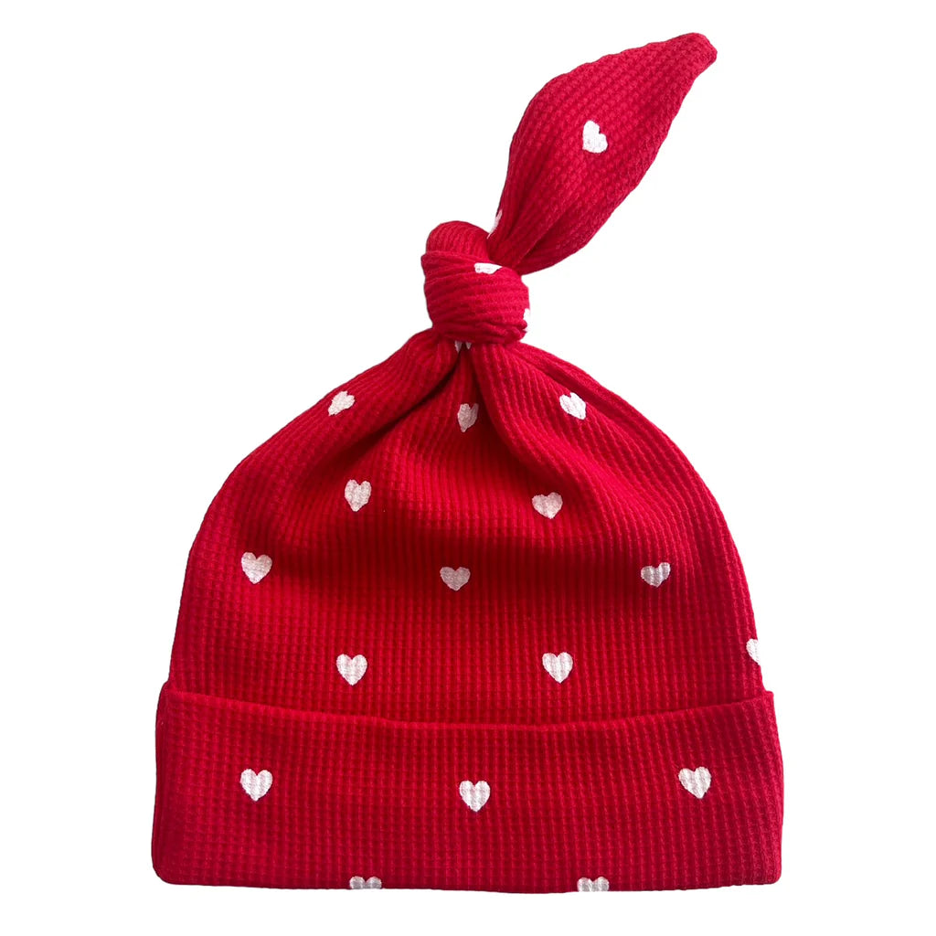 Organic Waffle Knot Beanie | Little White Heart (on Red) Hats & Bonnets SpearmintLOVE 0-3m Little White Heart (on Red) 