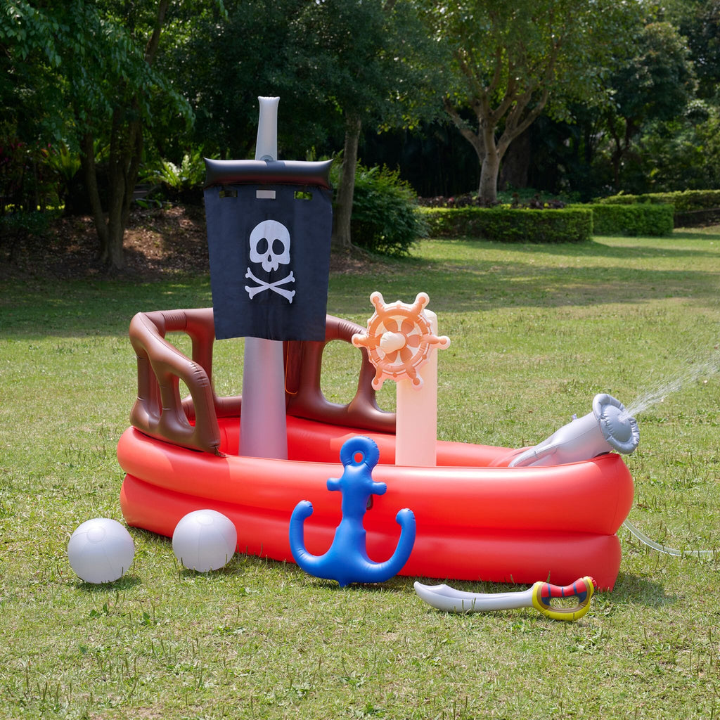 Water Fun Inflatable Pirate Ship Sprinkler Play Center with Pump, Beach Balls, & Accessories | Red