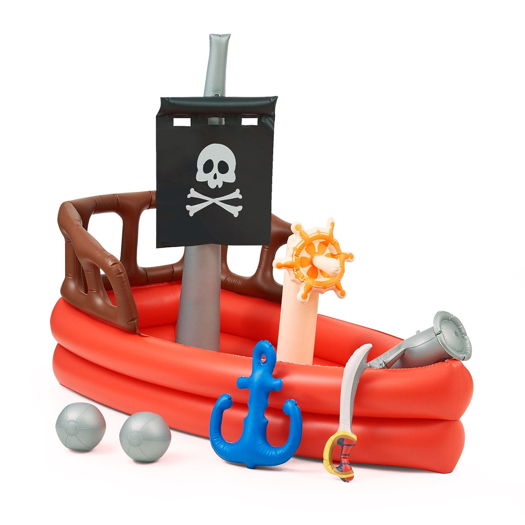 Water Fun Inflatable Pirate Ship Sprinkler Play Center with Pump, Beach Balls, & Accessories | Red