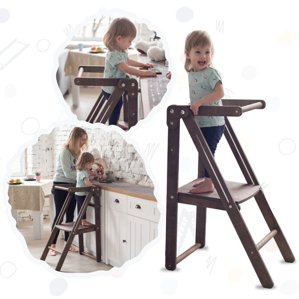 Wooden Step Stool for Preschool - Kid Chair That Grows - Chocolate Kitchen Helper Tower Goodevas Chocolate 