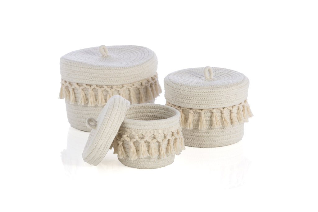 Shiraleah Assorted Set Of 3 Round Dharma Cotton Rope Organizer Baskets With Lid, Ivory by Shiraleah Shiraleah 