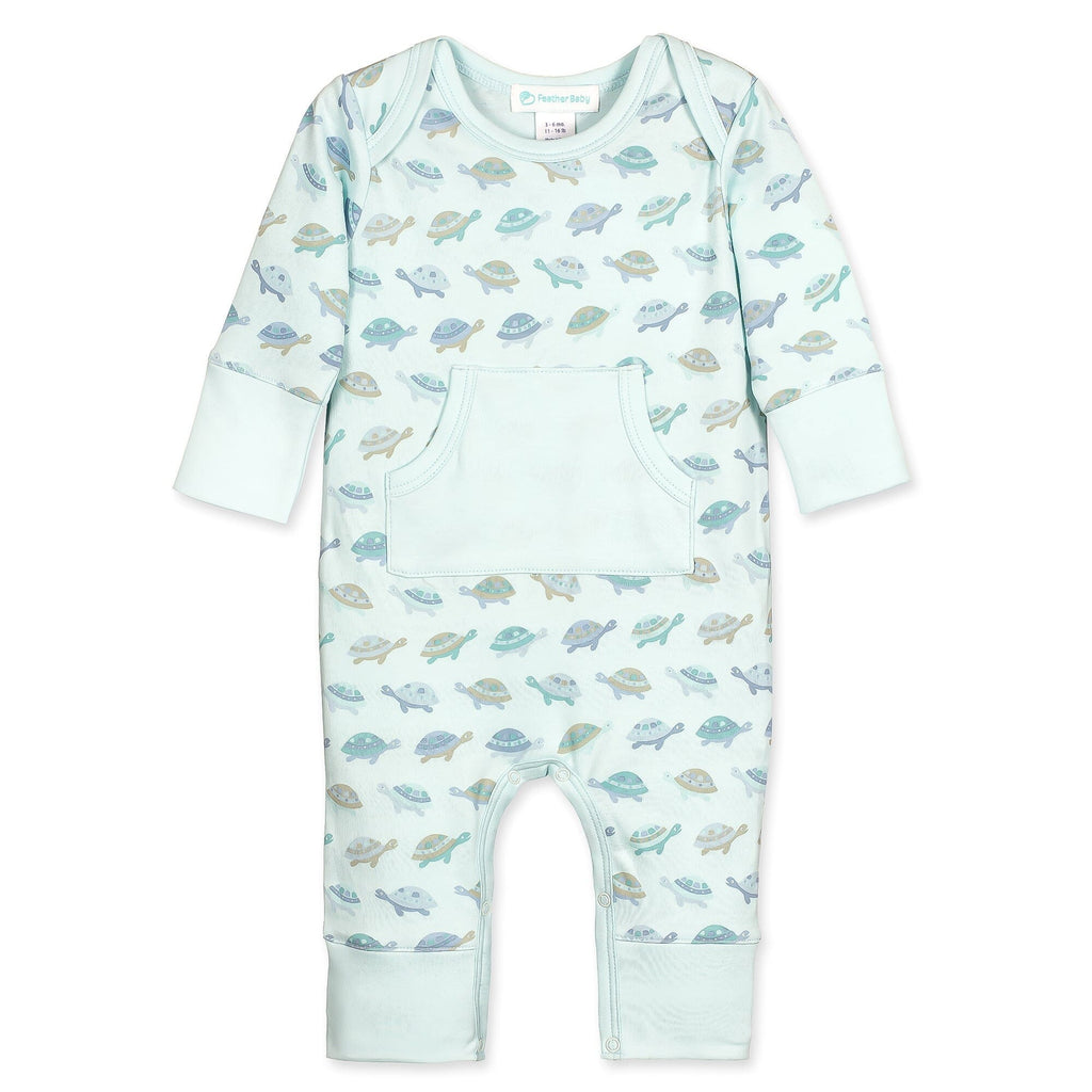 Kangaroo Romper - Turtles on Aqua 100% Pima Cotton by Feather Baby Feather Baby 
