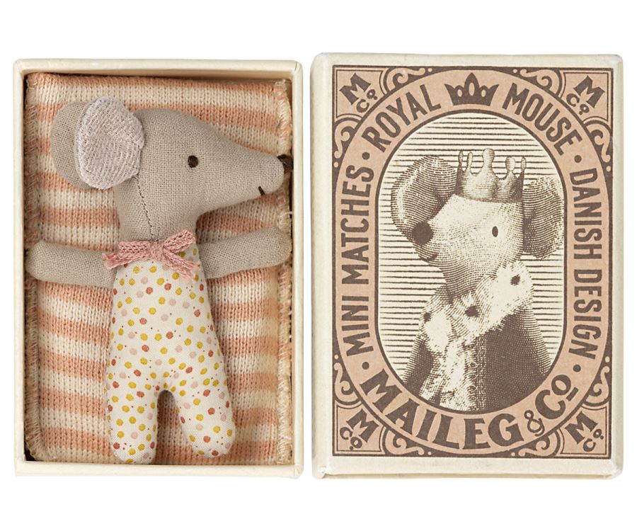 Presale - Sleepy/wakey baby mouse in matchbox - Rose Toys Maileg 