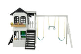 Reign Two Story Playhouse and Reign Swing Attachment | White / Black 2 Mama Bees White/Black 204”L x 152”W x 108”H 