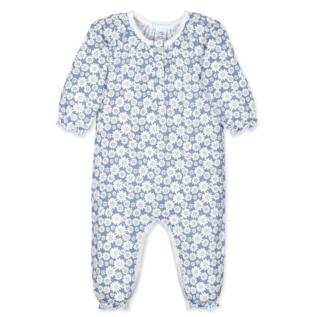 Ruched Romper - Blue Daisies 100% Pima Cotton by Feather Baby Feather Baby 