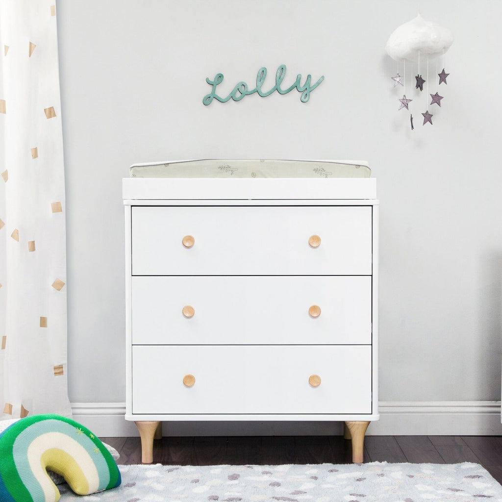 Lolly 3-Drawer Changer Dresser with Removable Changing Tray | White / Natural Babyletto 