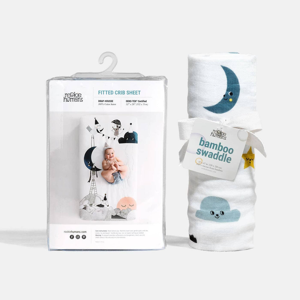 Crib sheet and Swaddle bundle - Moon's Birthday Rookie Humans 