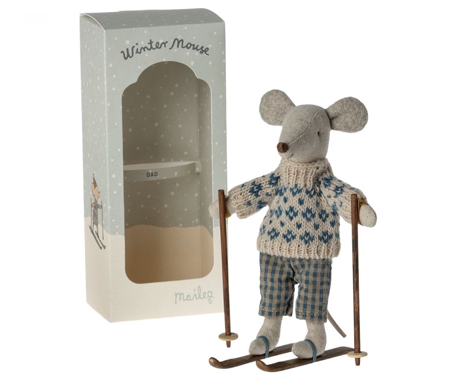 Winter mouse with ski set, Dad Maileg 
