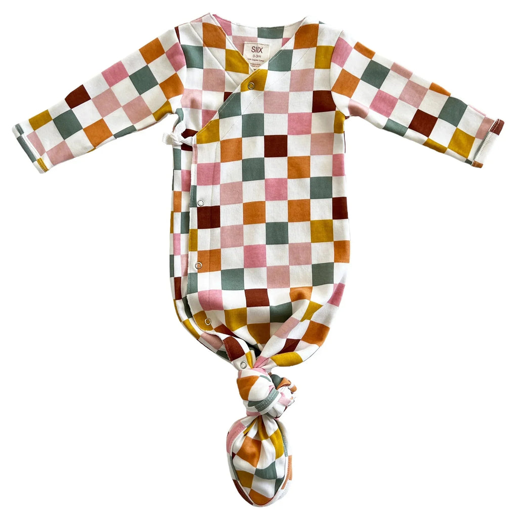 Cake Pop Checkerboard | Organic Kimono Knot Gown Knotted Gown SIIX Collection 0-3M Cake Pop Checkerboard 