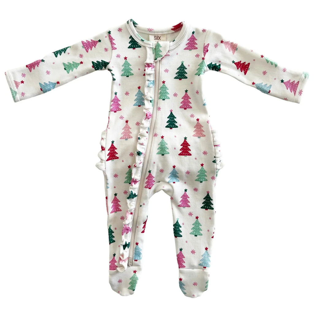 Christmas Trees Pink | Organic Frill Zip Footie Onesies SIIX Collection 0-3M 