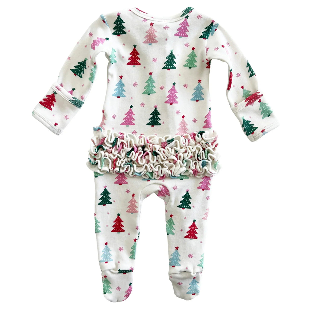 Christmas Trees Pink | Organic Frill Zip Footie Onesies SIIX Collection 