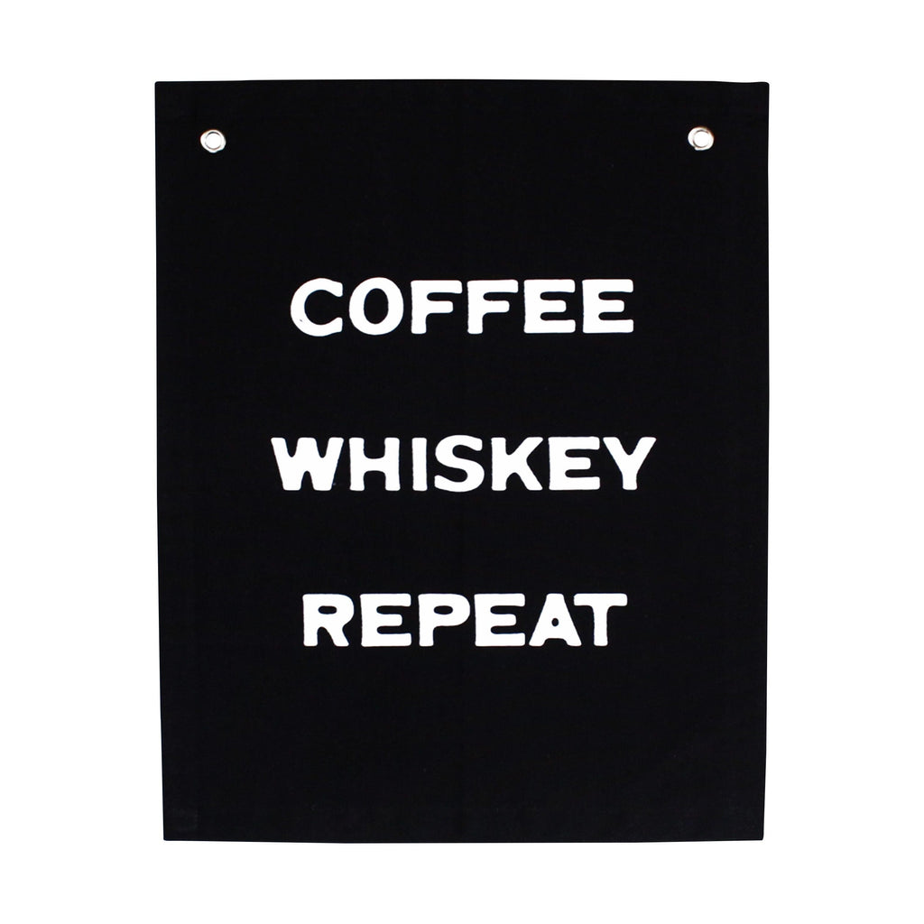 coffee whiskey repeat banner Wall Hanging Imani Collective Black 