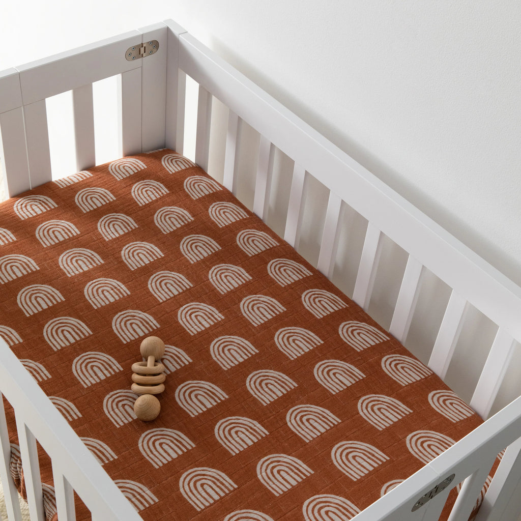 Babyletto | Mini Crib Sheet in GOTS Certified Organic Muslin Cotton | Terracotta Rainbow