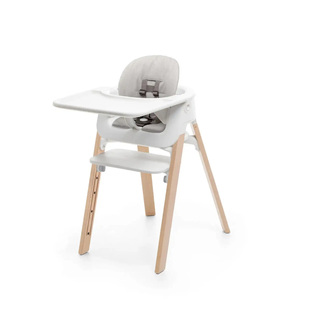 Steps™ Highchair and Cushion with Steps™ Tray | Natural Legs w White + Grey